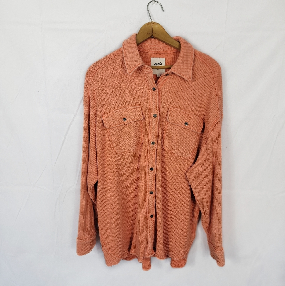 Aerie Coral Button-Up Waffle Knit Top